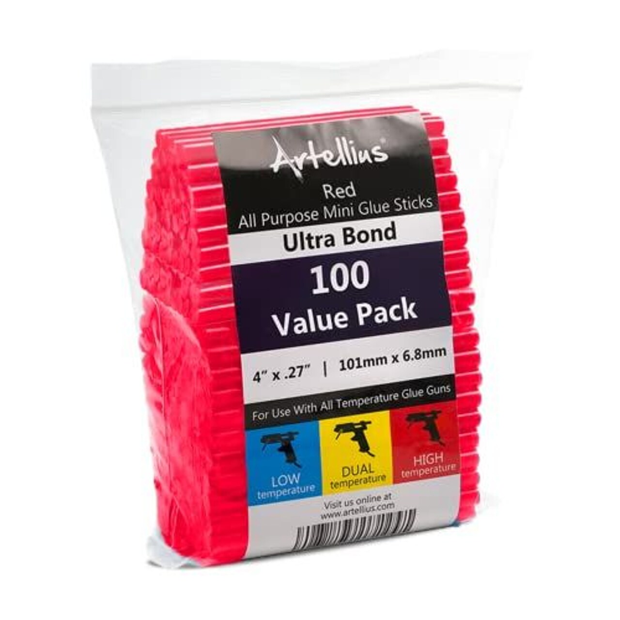 Artellius 100 Pack Hot Glue Sticks 4" x.27" - Ultra Bond Hot Melt Adhesive Mini Glue Sticks for All temperature, Red